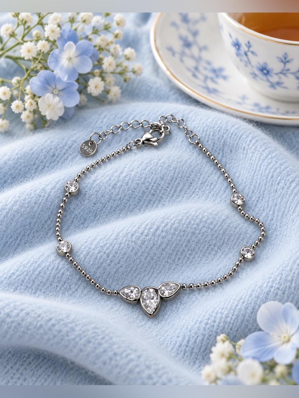 Silver Tone CZ Key Charm Bracelet Statement Jewelry
